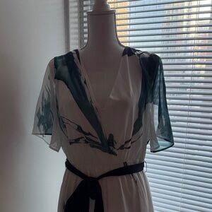 White Maxi Dress with Green Brushstroke Print and Black Tie